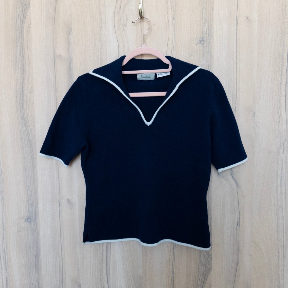 Neiman Marcus Pure Cashmere Sweater Top M Navy Sailor Collar Preppy Nautical